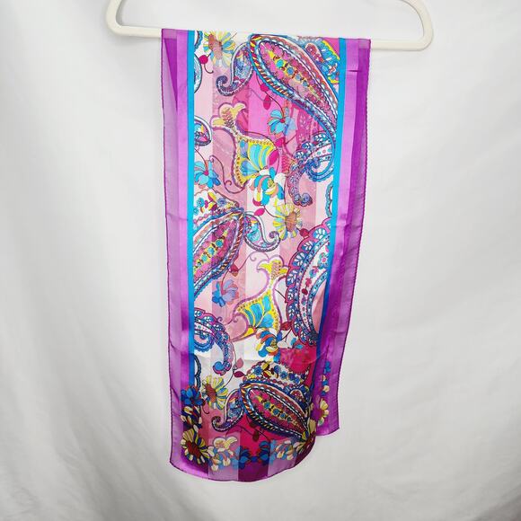 Adrienne Landau Purple Retro Colorful Paisley & Floral Scarf  52"X 11" - Picture 7 of 9